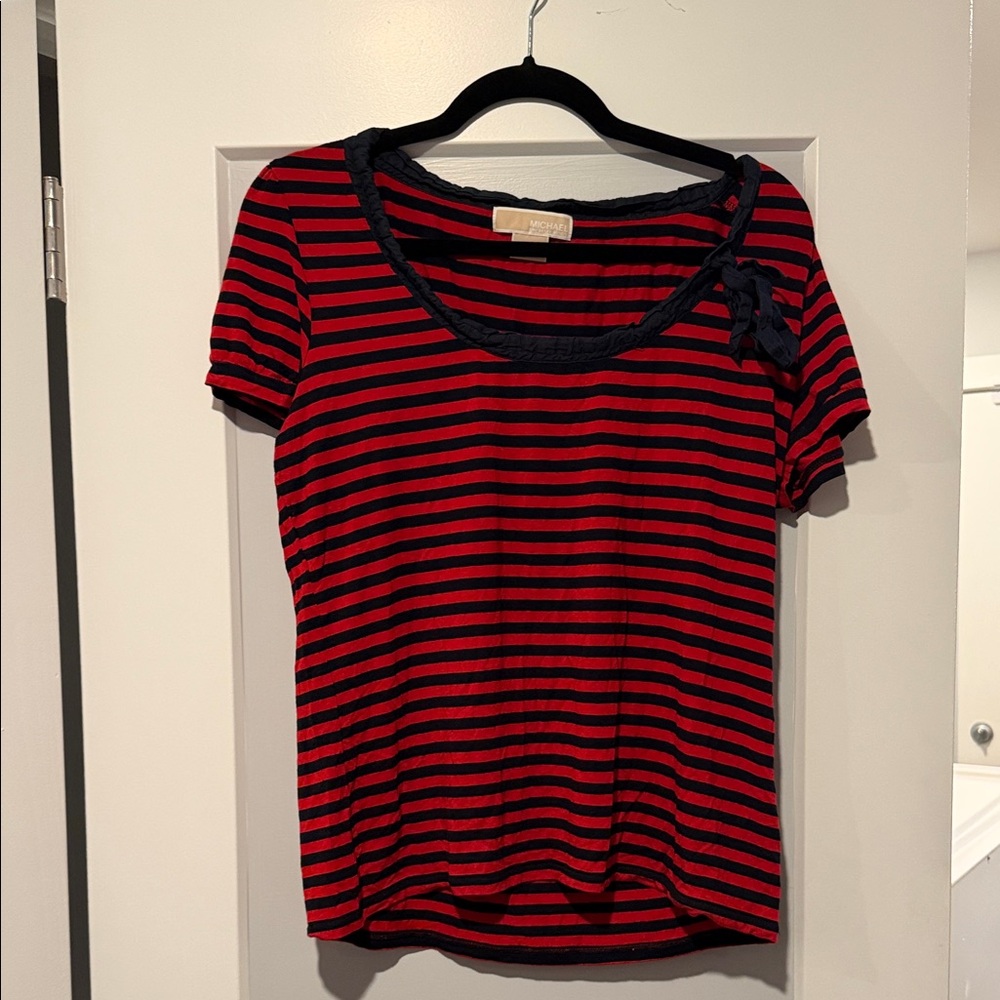 Michael Kors Red and Black Striped Short Sleeve Top